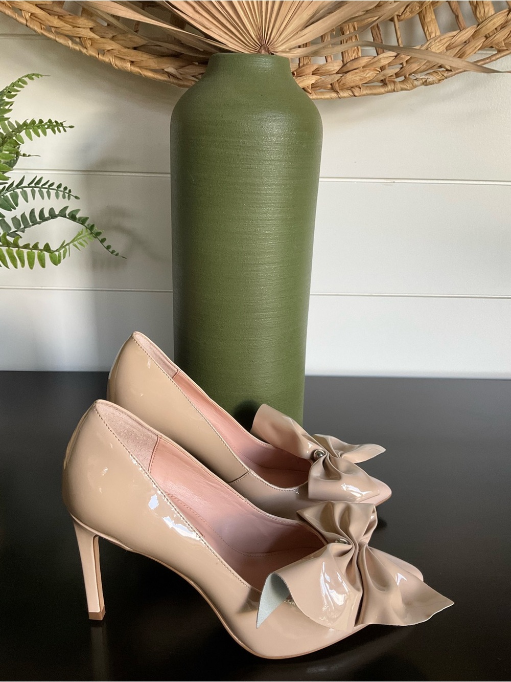 Avec Les Filles Nude Patent Pointed Toe Pumps with Bow